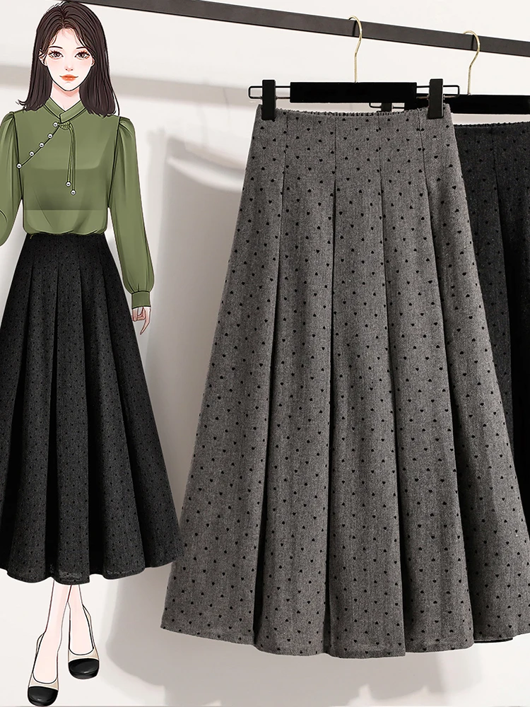 Women's High Waist Polka Dot Pleated Midi Skirt Slimming Elegant Commute Casual Tweed A-Line Skirt for Fall and Winter