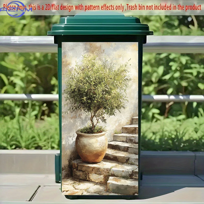 Decorative 2D Flat Stickers Featuring Nature Scenes, Potted Plants, And Abstract Designs in Warm Tones for Trash Cans. These M