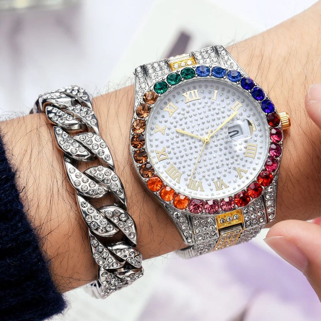 2 sztuk/zestaw bransoletka do zegarka dla kobiet kubański łańcuch bransoletka Iced Out zegarek dla kobiet luksusowe kolorowe biżuteria zestaw Relojes Para Mujer