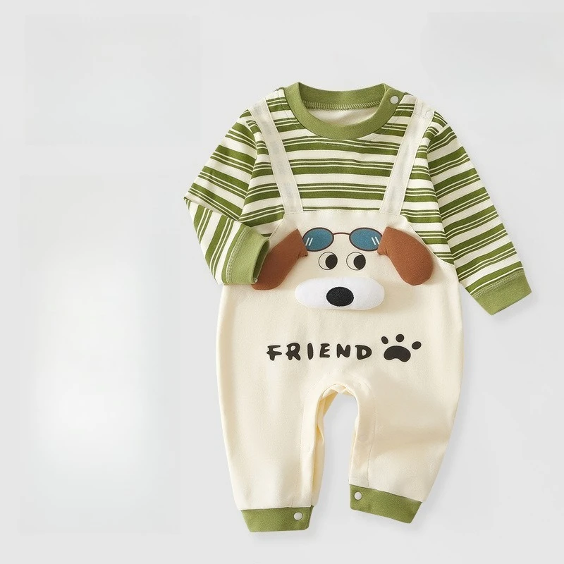 Unisex Baby Spring/Fall 100% Cotton Fake Two-Piece Onsie Boys & Girls Cute Cartoon Puppy Romper Cozy Outdoor Wear for Christmas