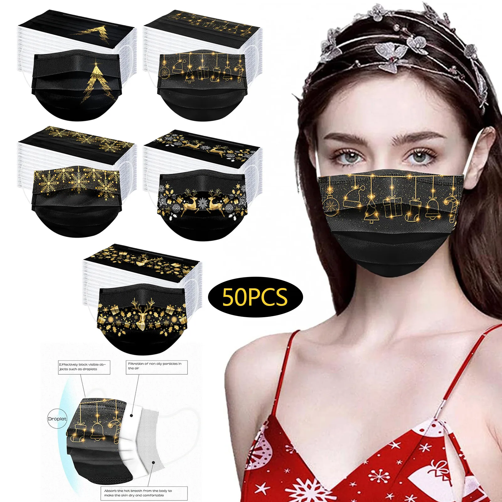 50 قطعة من قناع عيد الميلاد المطبوع على شكل ندفة الثلج للاستعمال مرة واحدة للبالغين، قناع عيد الميلاد الذهبي، قناع تزيين حفلات عيد الميلاد المجيد #2