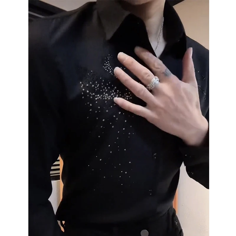 Spring Autumn Men\'s Korean Fashion Business Casual Rhinestone Button Up Shirt Male England Black Long Sleeve Slim Handsome Tops