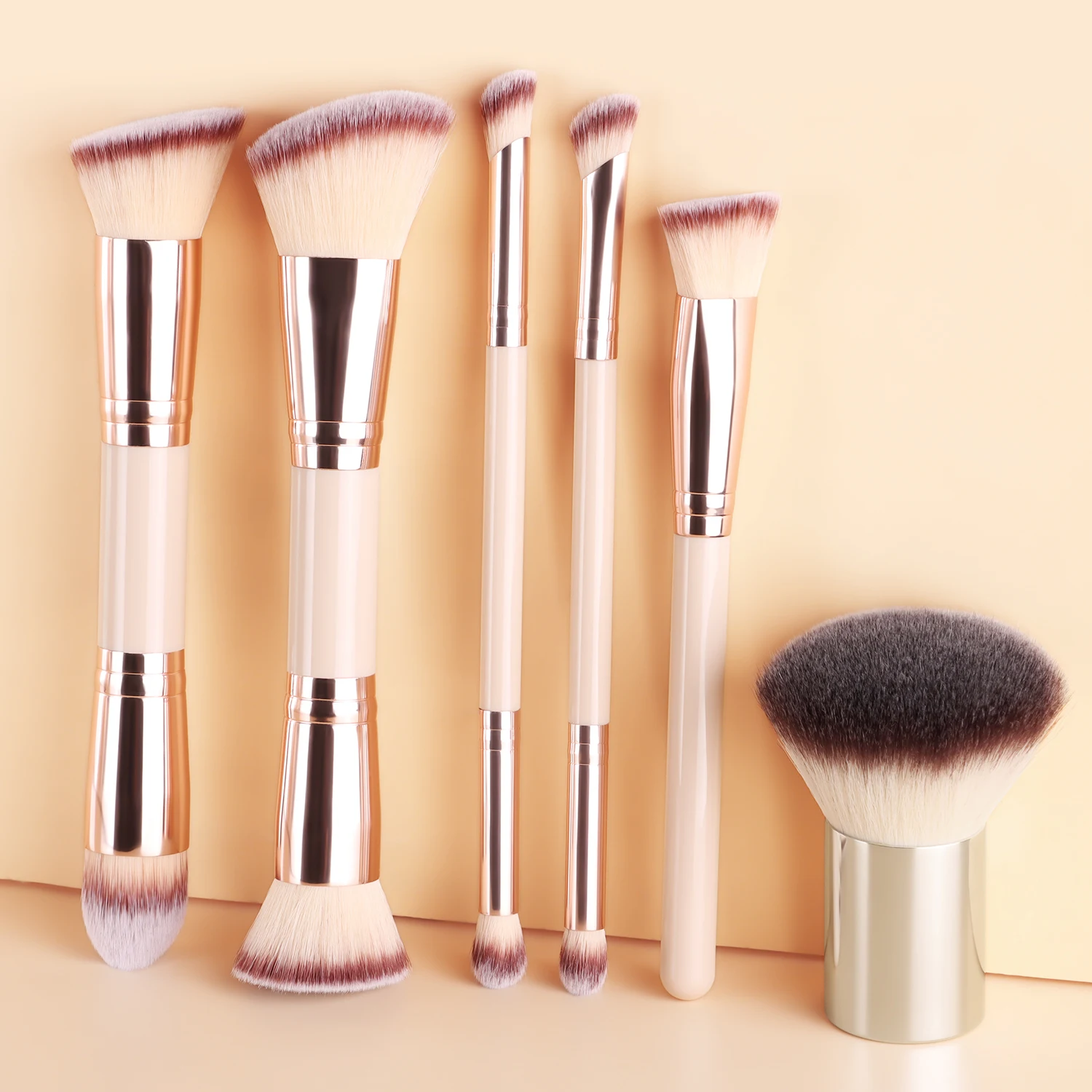 Juego de 6 brochas de maquillaje multifuncionales con brocha para polvos sueltos de cabeza grande, brocha para base de doble punta y brocha para sombra de ojos en ángulo