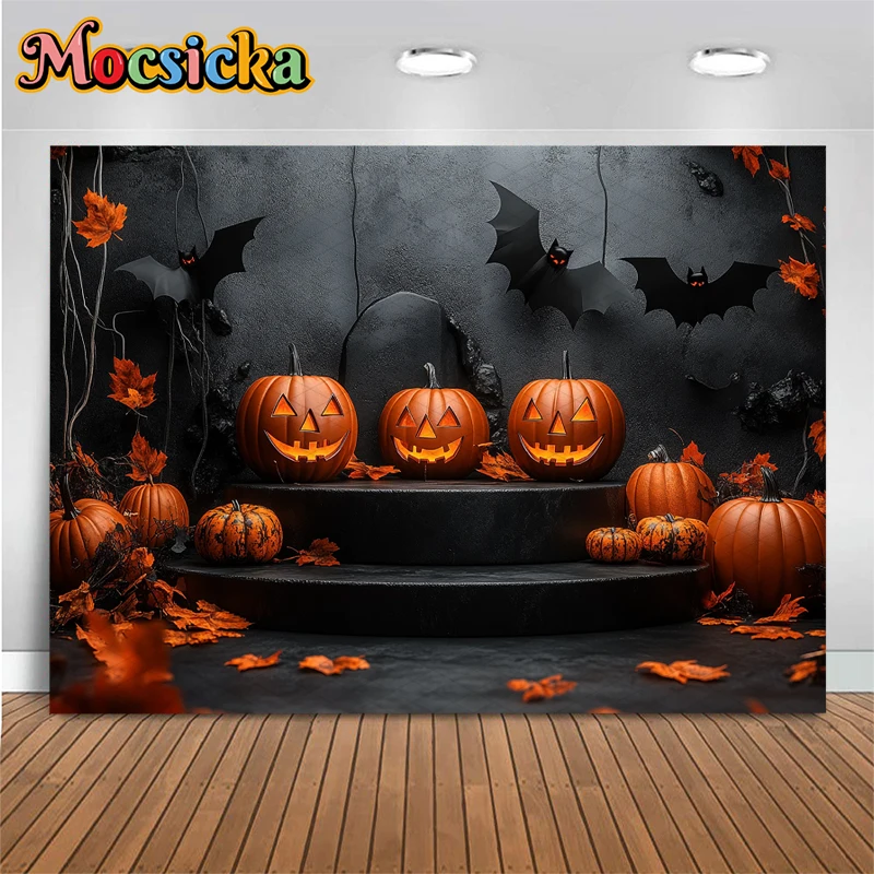 Mocsicka Halloween Backdrop For Photography Bat Black Wall Pumpkin Baby Shower Shooting Props Background Decoration Photo Studio