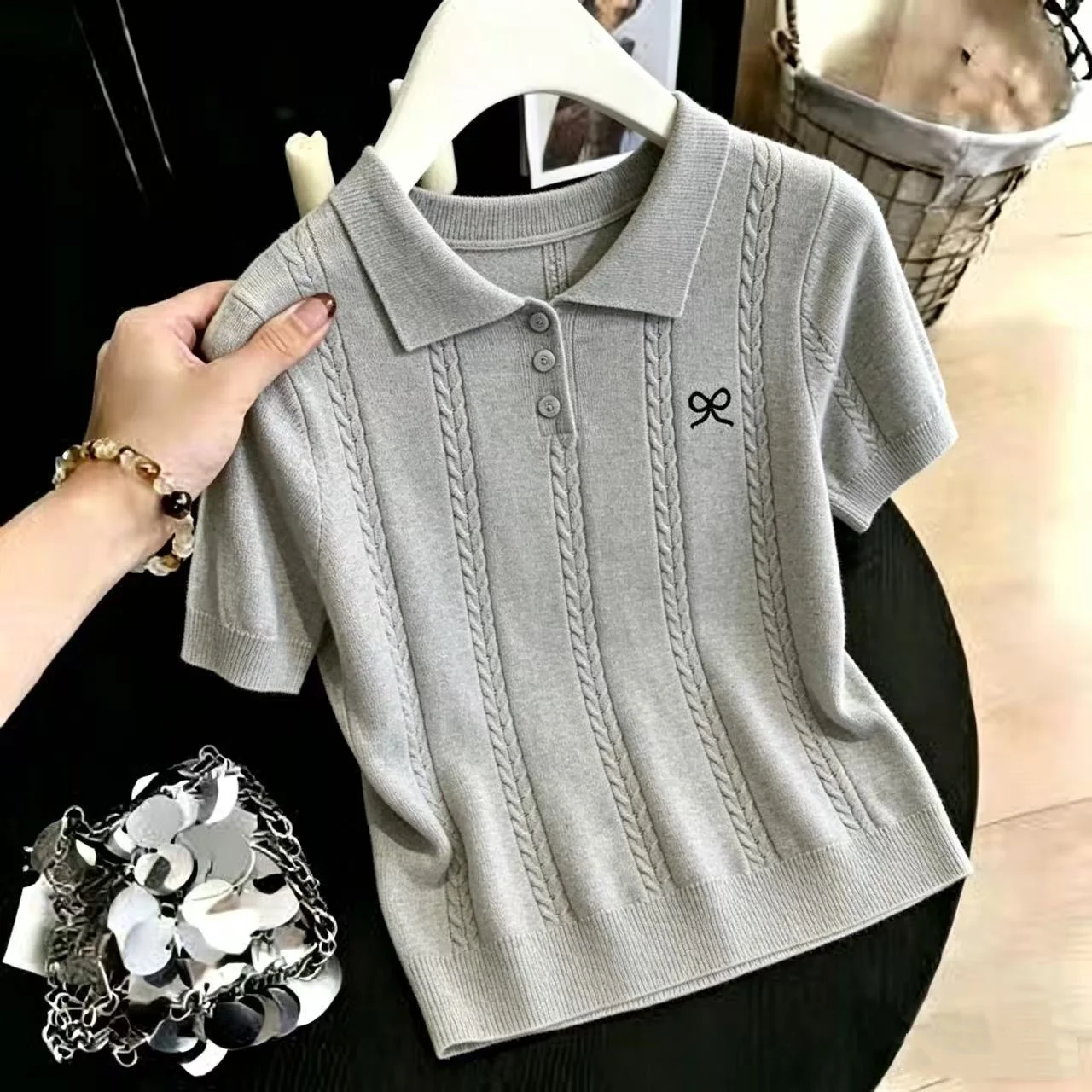 

Korean Style Neck Knot Knitted T-Shirt Women's Loose Slimming Summer New Casual Fashion Top