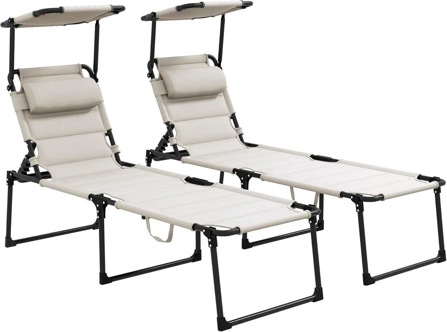 

2 Pieces Outdoor Lounge Chair, Adjustable Backrest Folding Chaise Lounge, Cushioned Tanning Chair With Sunshade Roof & Pillow
