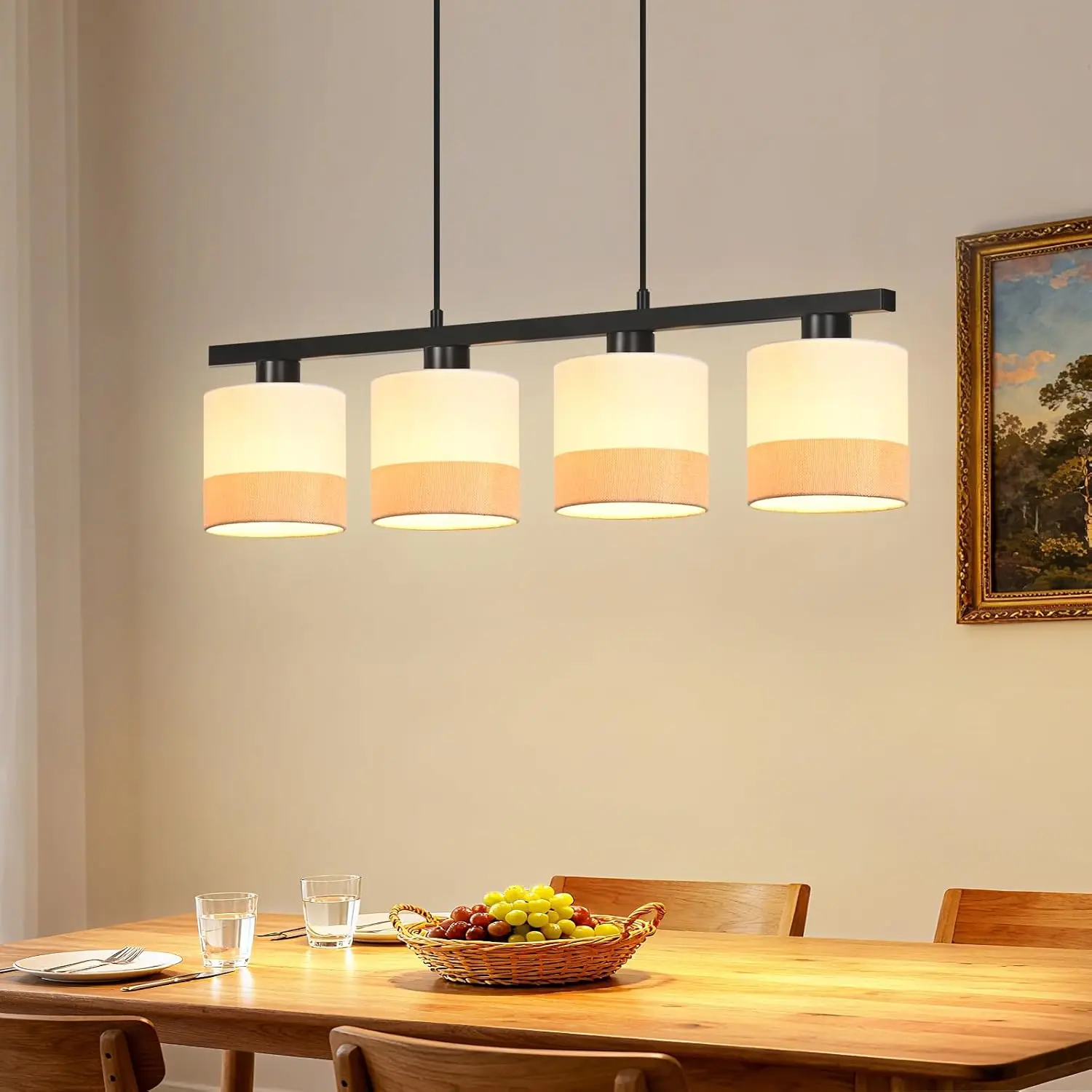 Hängelampe Vintage Pendelleuchte Esstisch - Hängeleuchte 4 Flammig Stoff Esstischlampe E27 Retro Pendellampe Höhenverstellbar Esszimmerlampe Hängende für Wohnzimmer Küche (ohne Leuchtmittel)