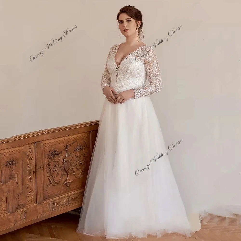 Vestidos de casamento grandes personalizados com renda champanhe manga completa sem alças plus size vestidos de noiva para mulheres novo