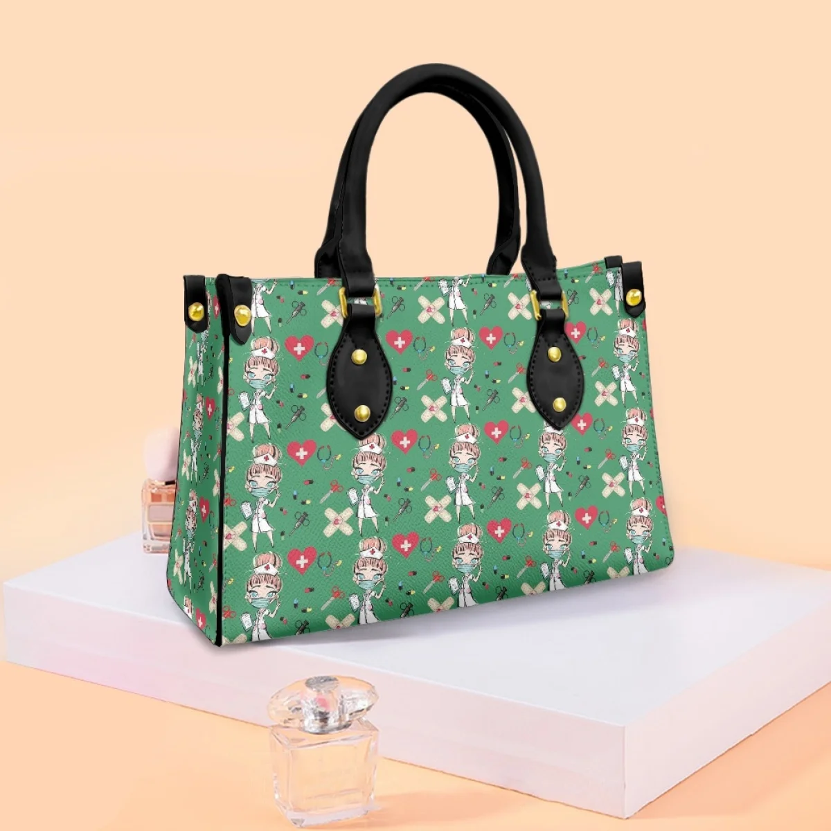 FORUDESIGNS Green Cartoon Mininurse Handbags For Women Parties Leather Bags Teen Girls Luxur Side Bag Customized Pod Fashion