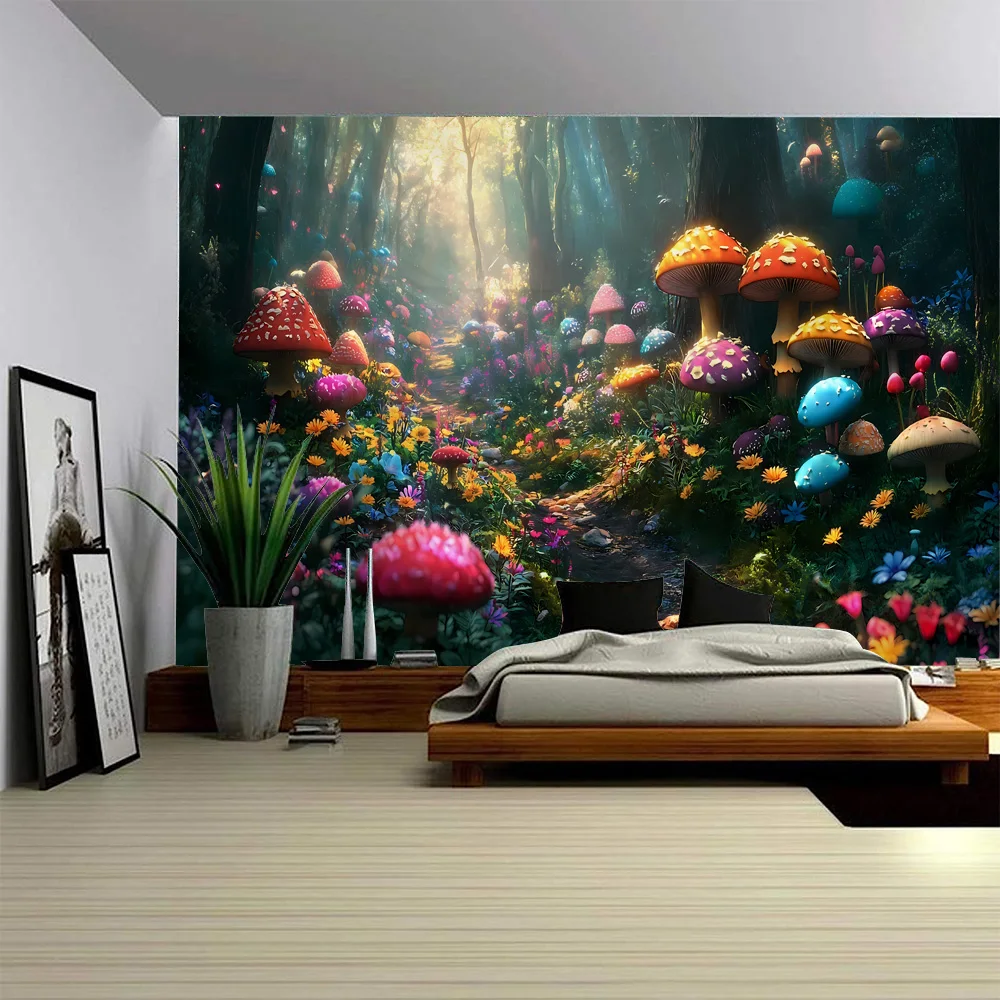 Tapisserie de paysage psychédélique, forêt de champignons, château, tenture  murale, chambre à coucher, salon, hippie, décoration de maison de dessin  animé / Textile de maison, image size:1000x1000