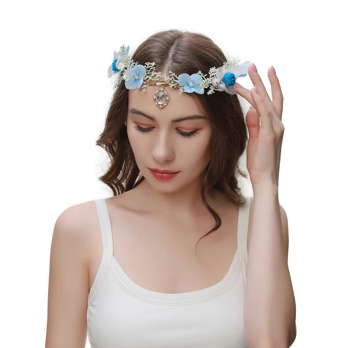 Handmade Blue Flower Crown Rose Fairy Floral Headband Elf Forest Headpiece for Women Girls Princess Wedding Shower Cosplay