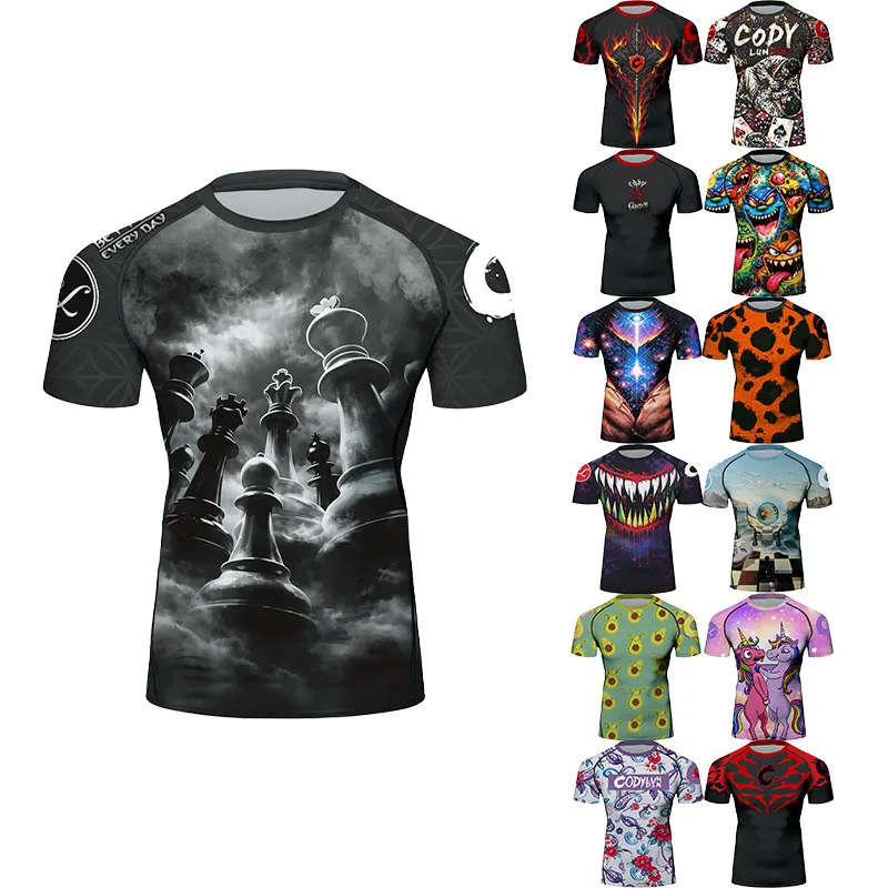Cartoon Printed Men Rash Guard Short Sleeve MMA BJJ Compression Top For Brazilian Jiu‑Jitsu Grappling Fight Training Workout