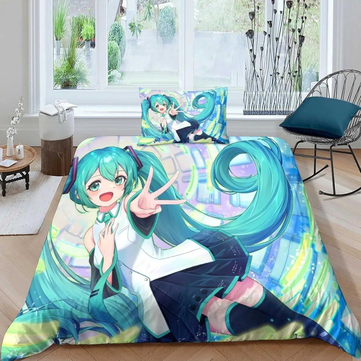 初音ミク布団カバーセット枕カバー付きアニメ原宿-3d-印刷キングサイズ寝具セットコスプレかわいい寝室の装飾