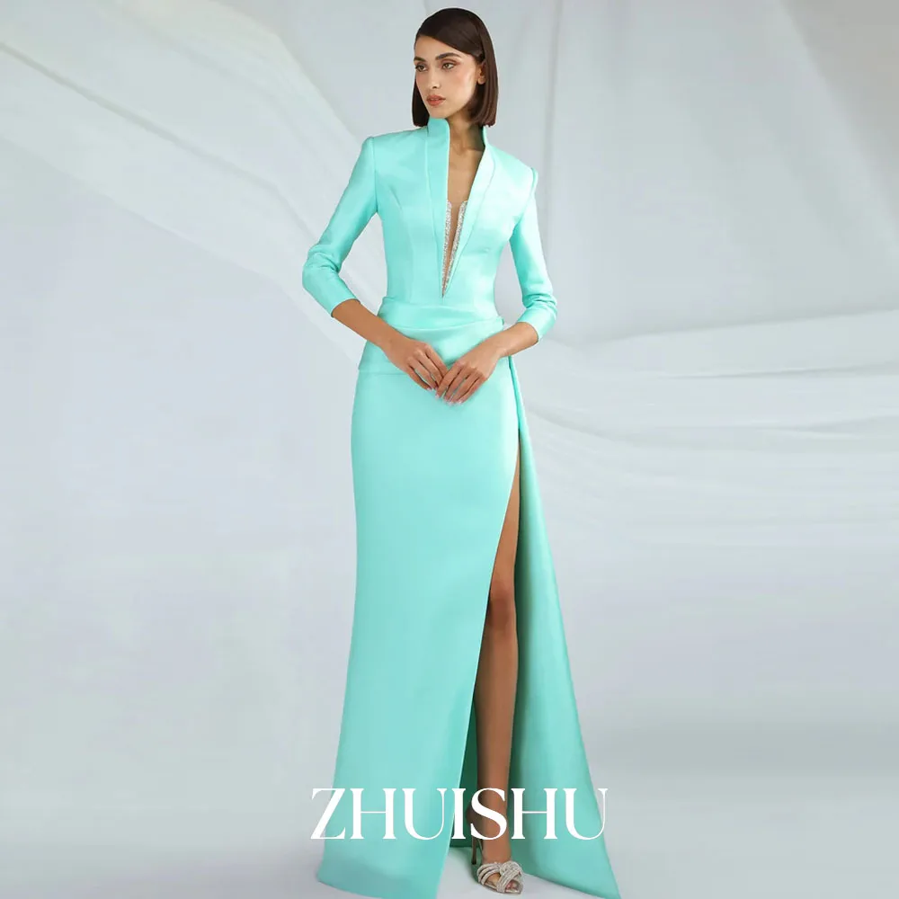 

ZHUISHU Modest Satin Women Evening Dresses Deep V-Neck Long Sleeves High Slit Elegant Wedding Party Dresses for Guest Customized