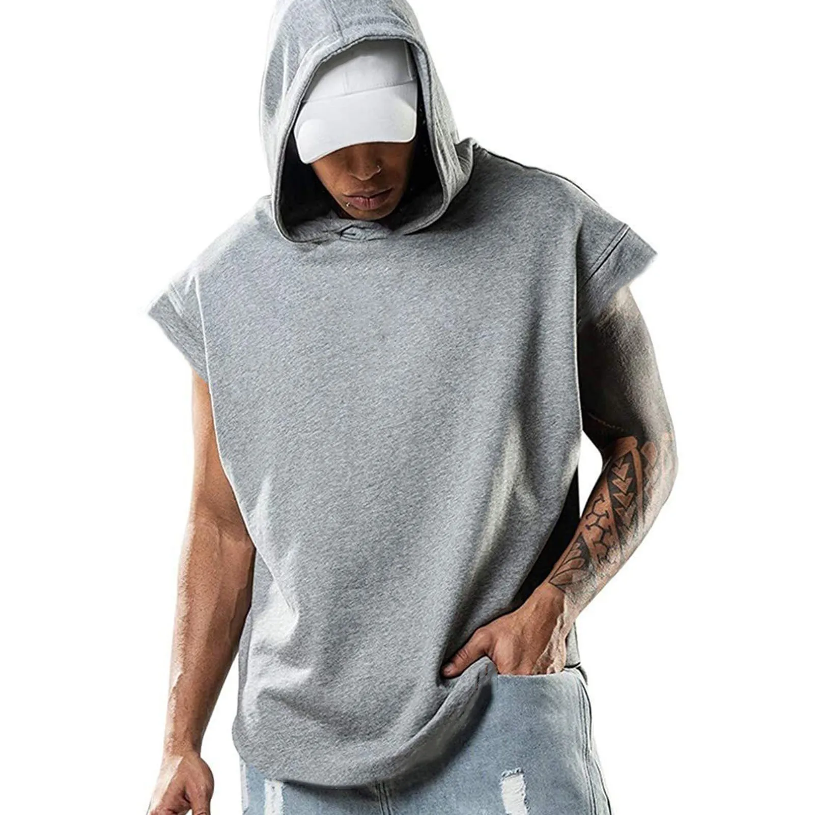 Summer Mens Sleeveless Hoodie T-Shirts Muscle Sweatshirt Cool Hoody Tops Gym Sport Slim Fitness Hooded Sportswer Tees Fashion