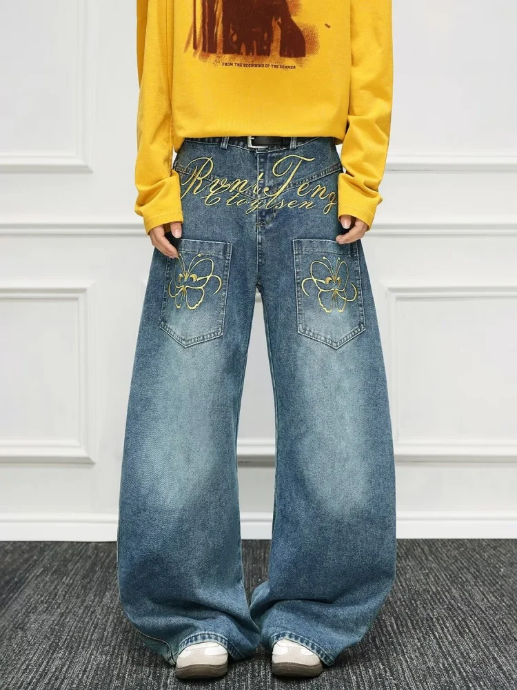 

Cyber Y2K, модные синие мешковатые новые джинсы с вышивкой букв, брюки для мужчин, одежда, прямые повседневные джинсовые брюки Moda Hombre