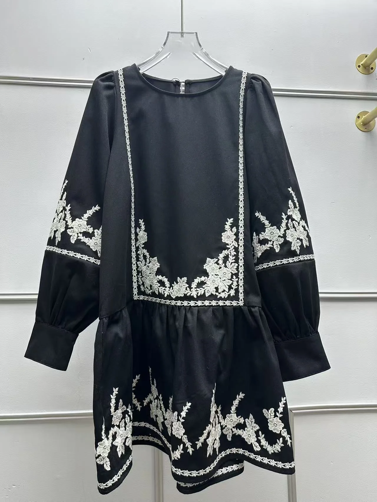 

Bla Embroidered Pattern Bubble Sve round Ne Loose Slimming Dr ort Skirt Vintage Sle Cotton Long Sve A-Line S...