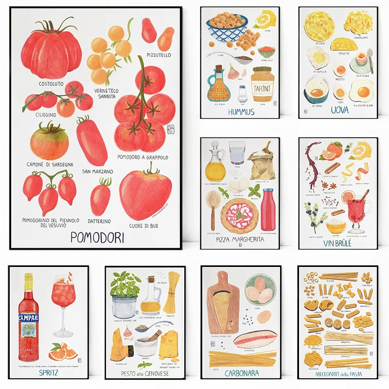 Póster de huevo, comida, cocina, Hummus, Pasta, alfabeto, tomate, Pizza, lienzo impreso, pintura, imágenes artísticas de pared, habitación, dormitorio, decoración del hogar, regalo