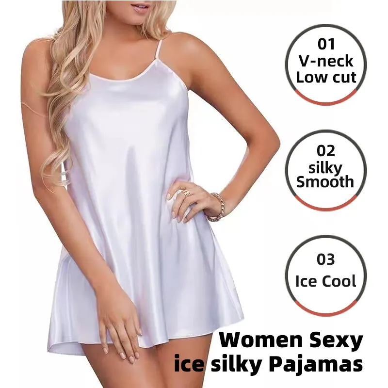 Women Sexy Ice Silky Pajamas Nightclothes Sleepwear Dress L XL XXL White Black V-neck Comfortable Casual Summer