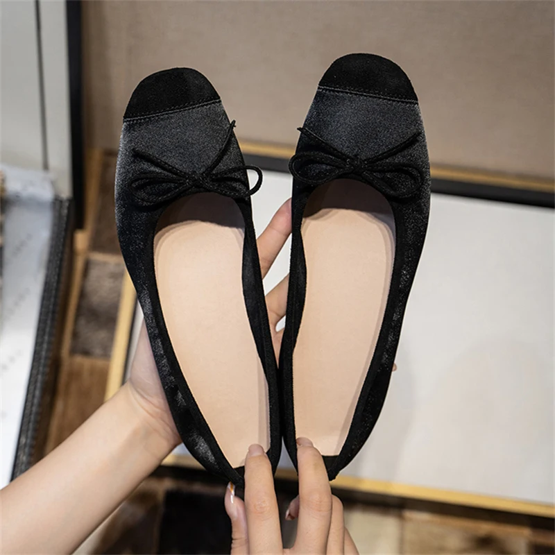 Breathable Silk Ballerinas Ballet Flats Women Summer Autumn Slip On Loafers Square Toe Bowknot Flat Casual Shoes