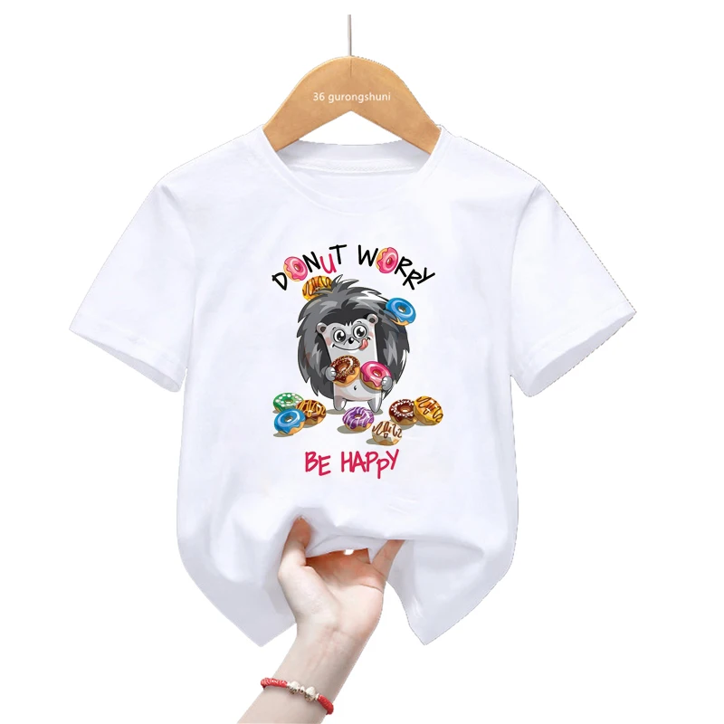 Funny Kids Clothes Don'T Worry Be Happy Penguin/Hedgehog/ Pig Love Donuts Graphic Print T Shirt Girls Kawaii Kids Clothes Tops