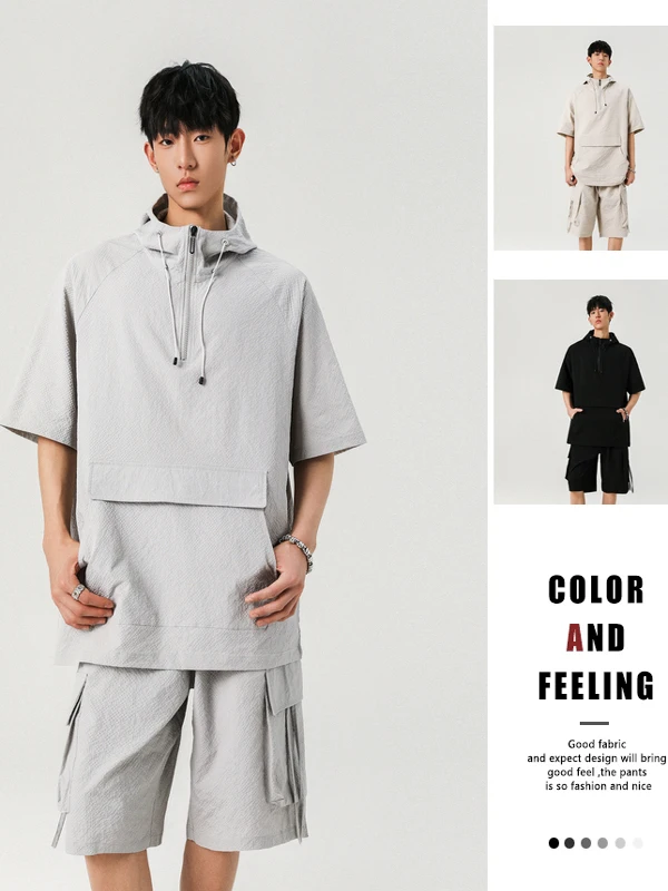 ชุดลำลองฤดูร้อนแบบสปอร์ต เสื้อฮู้ดดี้ทรงหลวม เสื้อยืด และกางเกงขาสั้น ผ้าใยโพลีเอสเตอร์ แฟชั่นวัยรุ่น ชุดทำงานแบบมีซิป