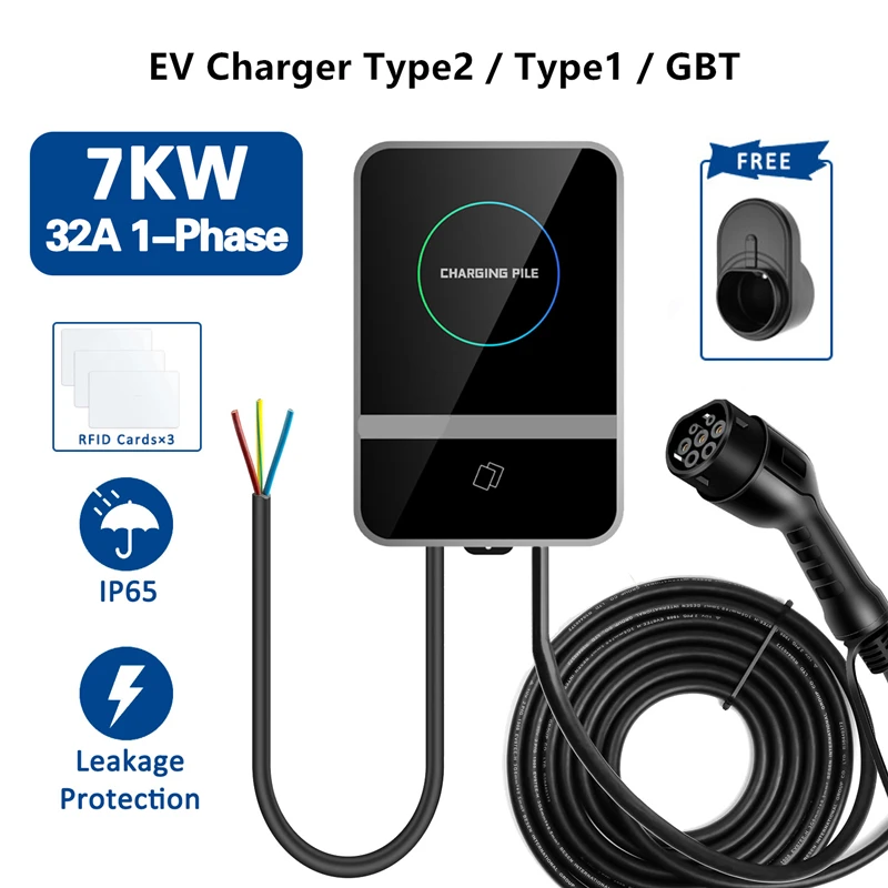 New EV Charging Station IEC62196 J1772 Electric Vehicle Charger EVSE Wallbox Wallmount 7KW 22KW Type2 Type1 GBT Cable APP Cards