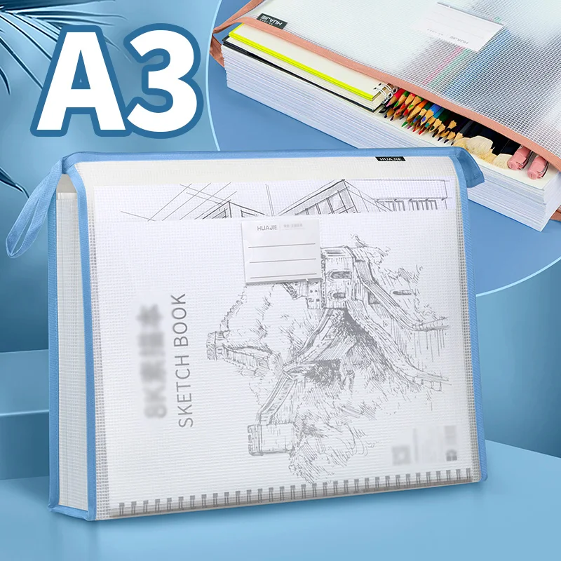 Huajie 1Pcs Thickened Eva Material Three-Dimensional Grid A3 Zipper Bag Extra Large Capacity Drawing Paper Organizer Storage Tote Bag for File Classification and Storage, Long-Lasting Use