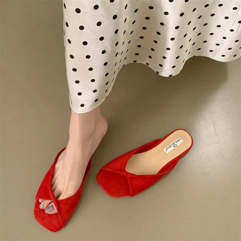 

New sexy red slip on mules dress slippers women's designer twisted square open toe slides shoes ladies flats party prom slipper