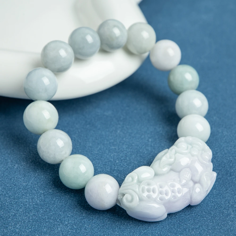 

TIMESWIND White Natural Myanmar A-type Jade Three-cion PIXIU Beads Fortune Men Bracelet with Certificate