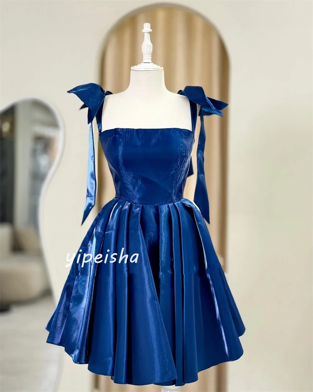 Satin Ruched Celebrity A-line Square Neck Bespoke Occasion Gown Knee Length Dresses