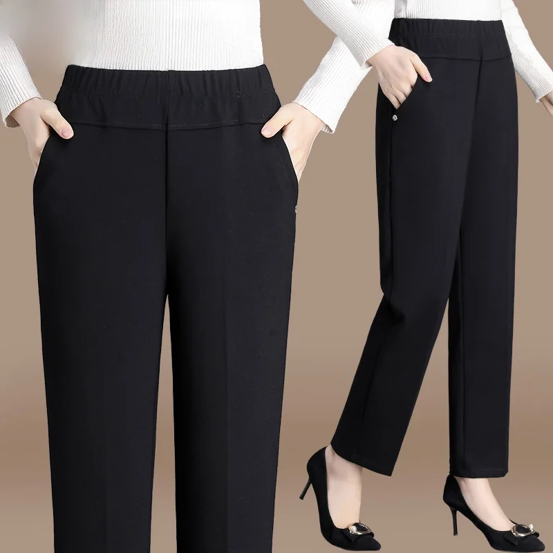 

Брюки прямого кроя с высокой талией для мам, осенние, модные, больших размеров, свободные, женские, длинные, удобные, для женщин среднего возраста