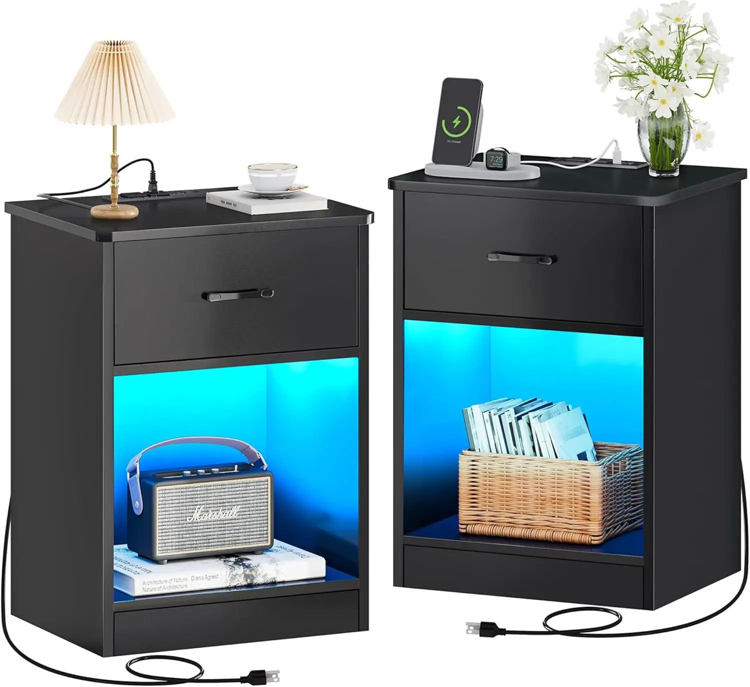 

Nightstands Set of 2, Night Stands with Charging Station & LED Light Strips, Bedside Tables with Drawer, Side Tables Bedroom