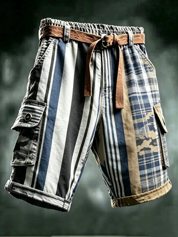 Mens Cargo Shorts Patchwork Striped Plaid Loose Fit Vintage Streetwear Shorts with Belt