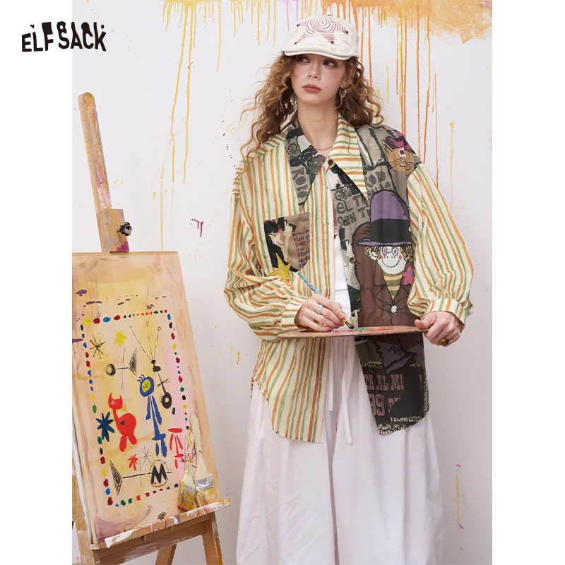 

ELFSACK Oversized Novelty Print Shirt with Star Patch Embroidery and Metal Logo Buttons, Asymmetrical Hand-Drawn Striped Blouse,