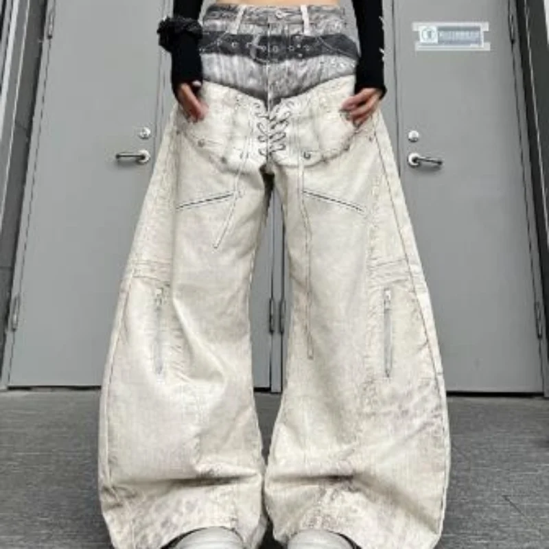 MWJLPWQ Vintage Washed Baggy Jean Lace Up Front Multi Side Zipper Pocket Belt Waist Men Gothic Street Loose Bottom Fit 16976