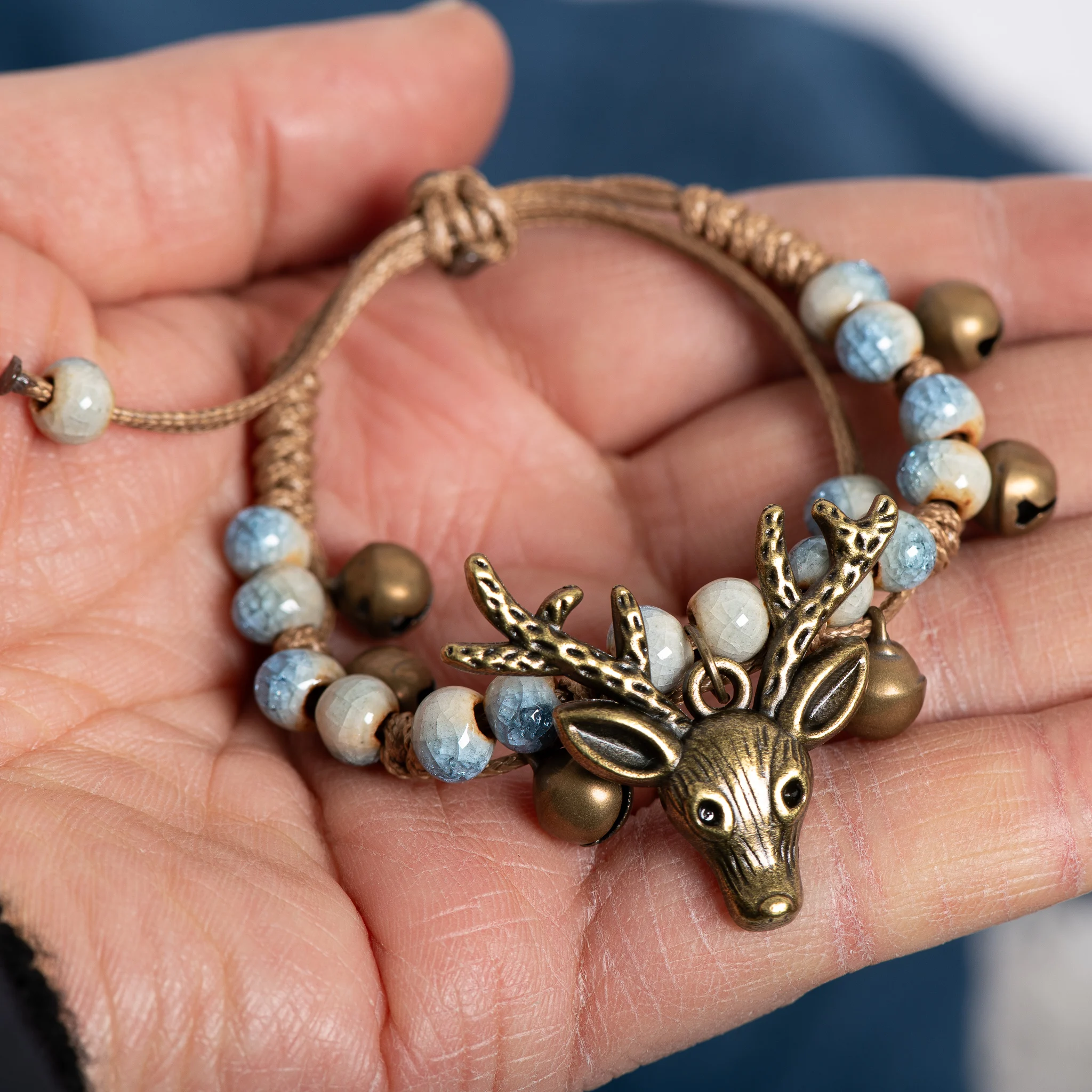 Adjustable Deer Head Ceramic Bracelet Vintage Crackle White Beads Handmade Wax Cord Jewelry pulseras en pareja 168
