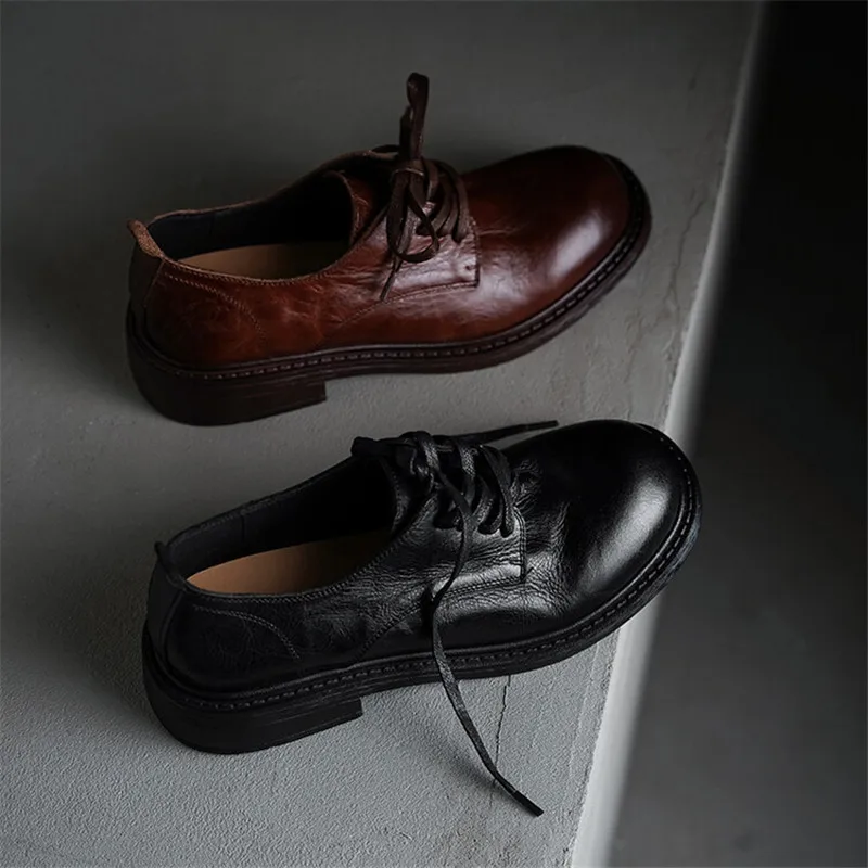 NEW Spring Autumn Cow Leather Women Shoes Fashion Loafers Round Toe Chunky Shoes for Women Lace Women Pumps Black Zapatos Mujer