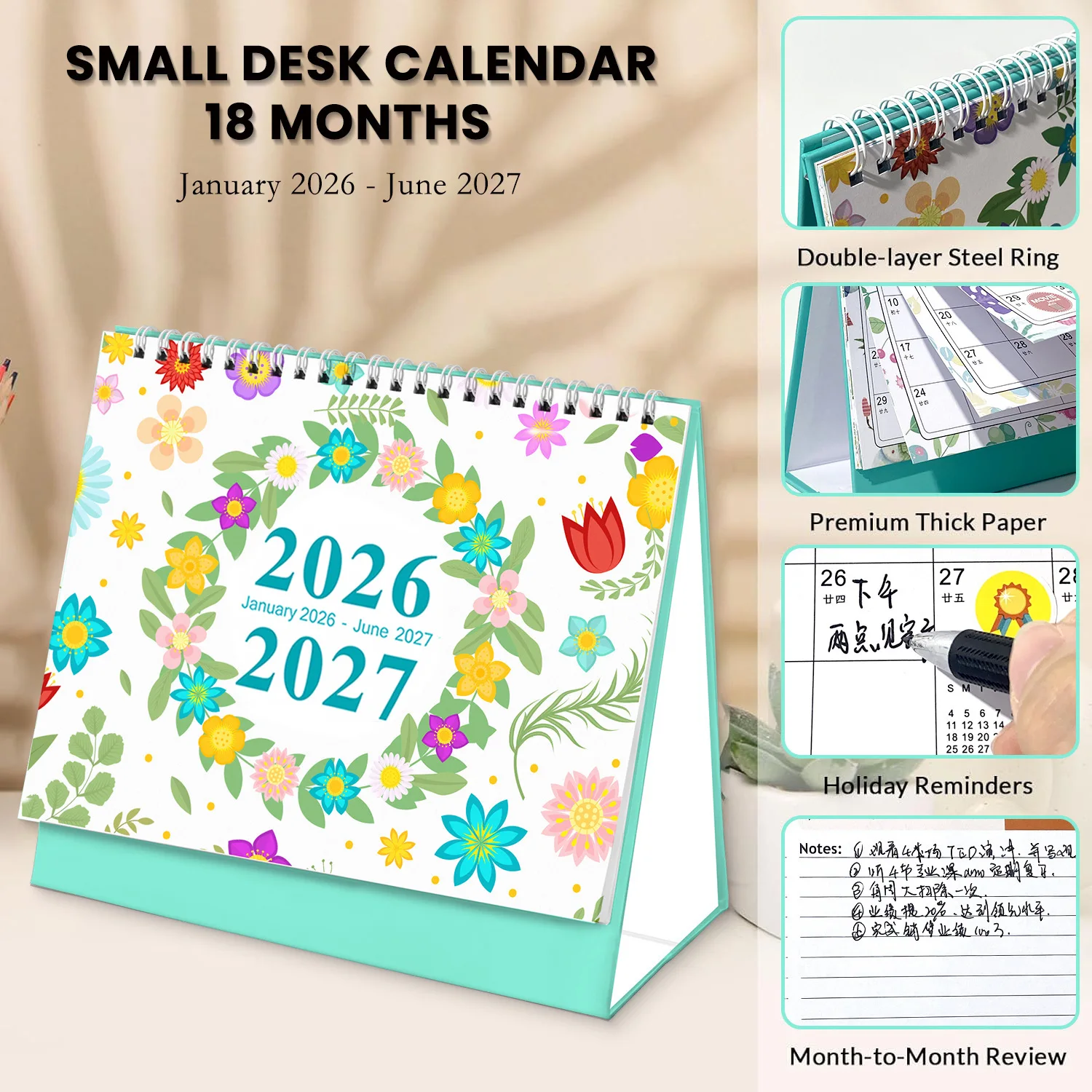 

2026-2027 Настольный календарь с цветочным рисунком/кактусом на 18 месяцев, праздничные напоминания и заметки на спине, организация домашнего офиса и подарок для планирования