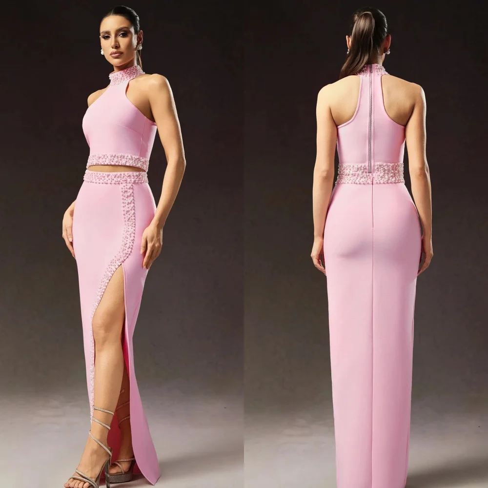 

Customized Modern Style Matching Jersey Beading Pleat Straight High Collar Long Dresses Bespoke Occasion Dresses Sizes Available