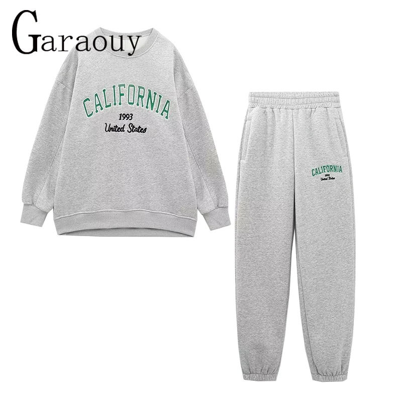 Garaouy2023 Spring Woman New Grey Round Neck Letter Embroidery Fleece Sweatshirt Pullover + Elastic High Waist Sweatpants Female