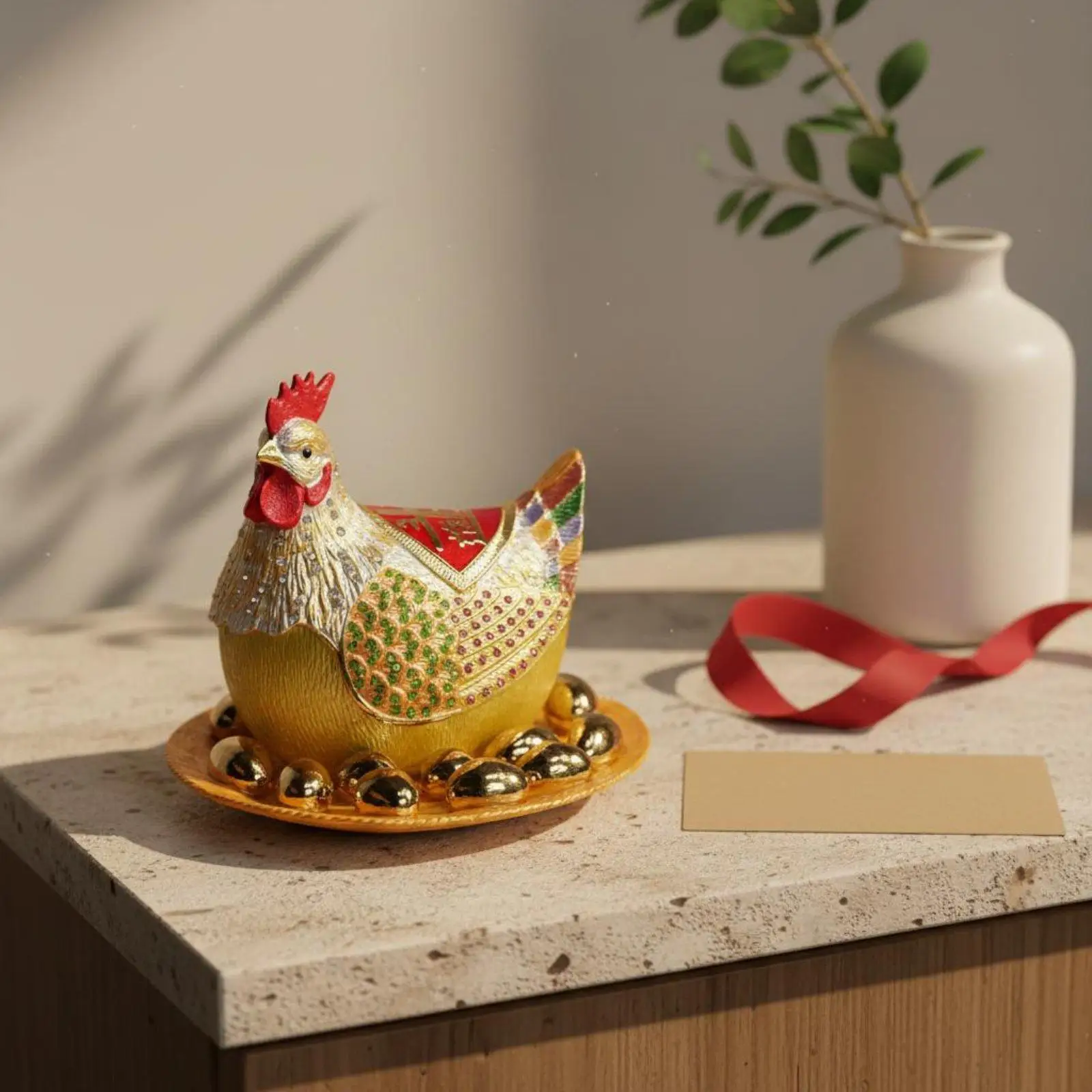 Enamel Hen Figurine Jewelry Box Enamel Inlay Craft Jeweled Chicken Statue Trinket Box Chinese Design Good Auspicious Chicken for