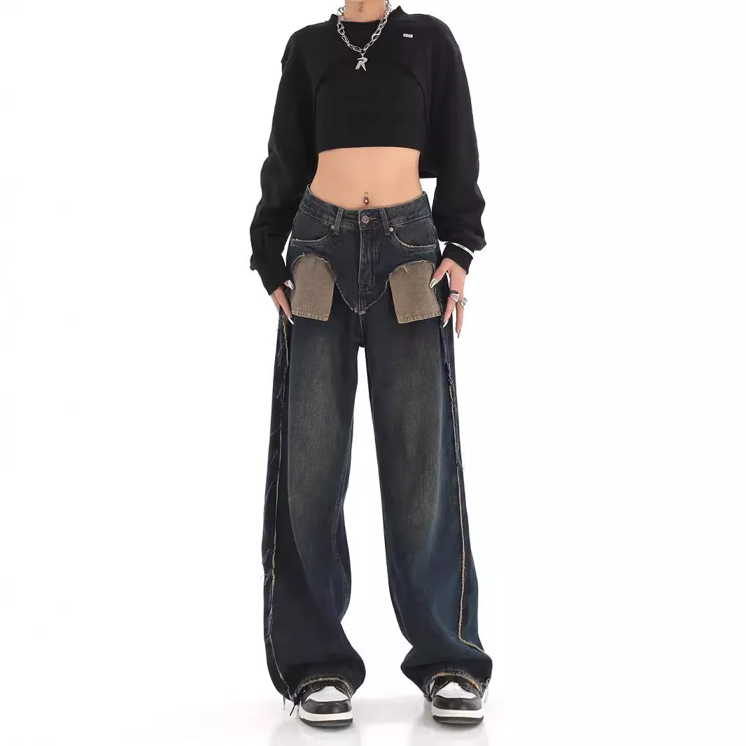 Niszowe Jeansy Kontrastowe Amerykańska High Street Niebieskie Surowe Wykończenie Szczotkowane Szerokie Nogawki Moda Jesień Zima 2025 Nowa Kolekcja