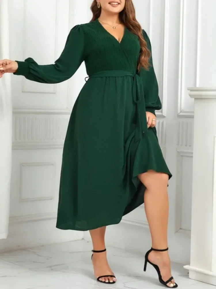 Plus Size Women Dresses Wrap V Neck Belt Elastic Long Sleeves Autumn Fall Sprimg Robe Solid Color Flowy Female Clothing