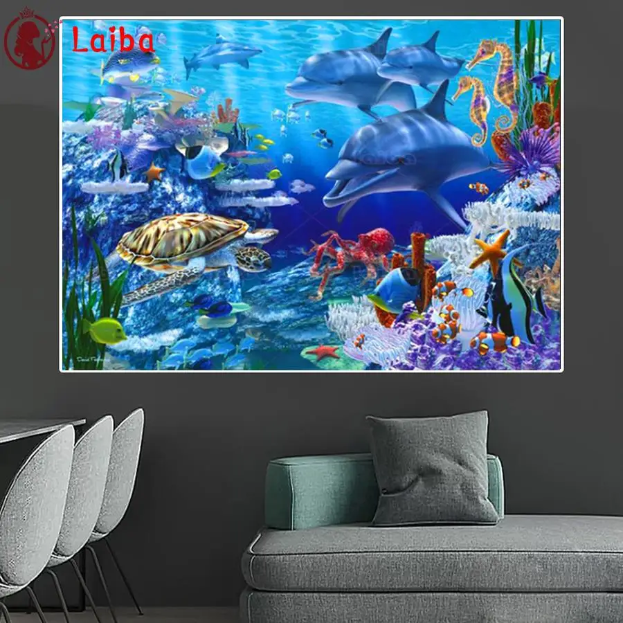 5D DIY Dolphin Diamond Painting, Sea Horse, Turtle, Full Round Rhinestones, Embroidery Needlework Decor, 5D