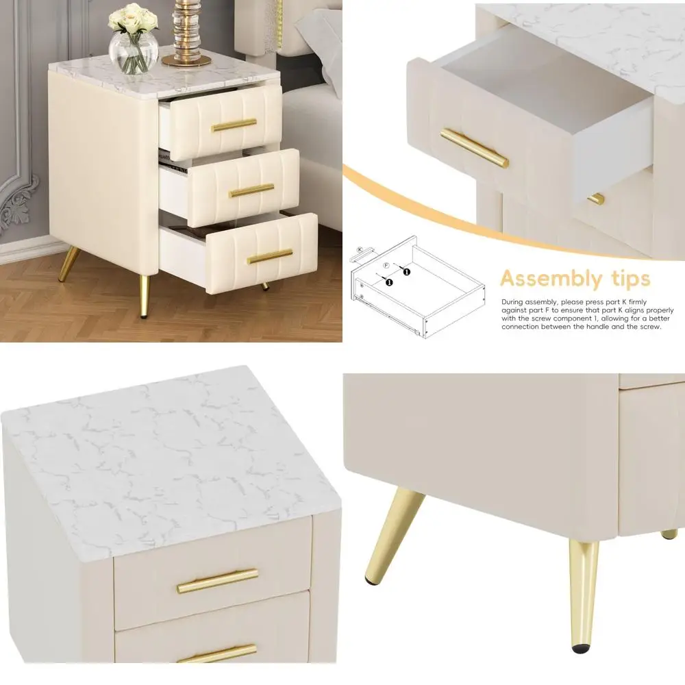 tri-drawer upholstered wooden nightstand, marble-style sticker top bedside table, velvet-surfaced metal leg end table