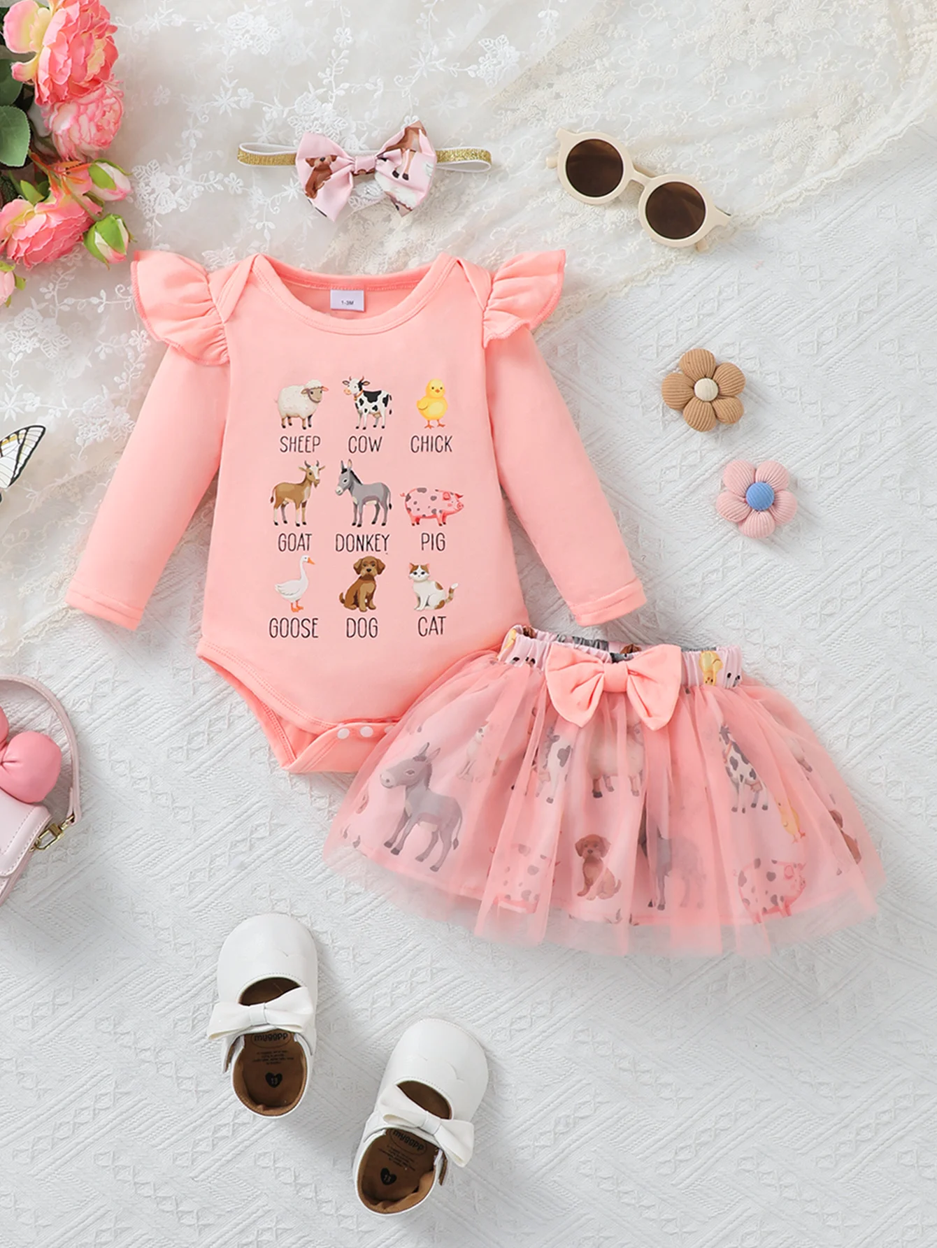 Baby Girl Long Sleeve Romper Skirt Set with Hairband Three-Piece Casual Spring Autumn Fashion Cartoon Pattern Outfit