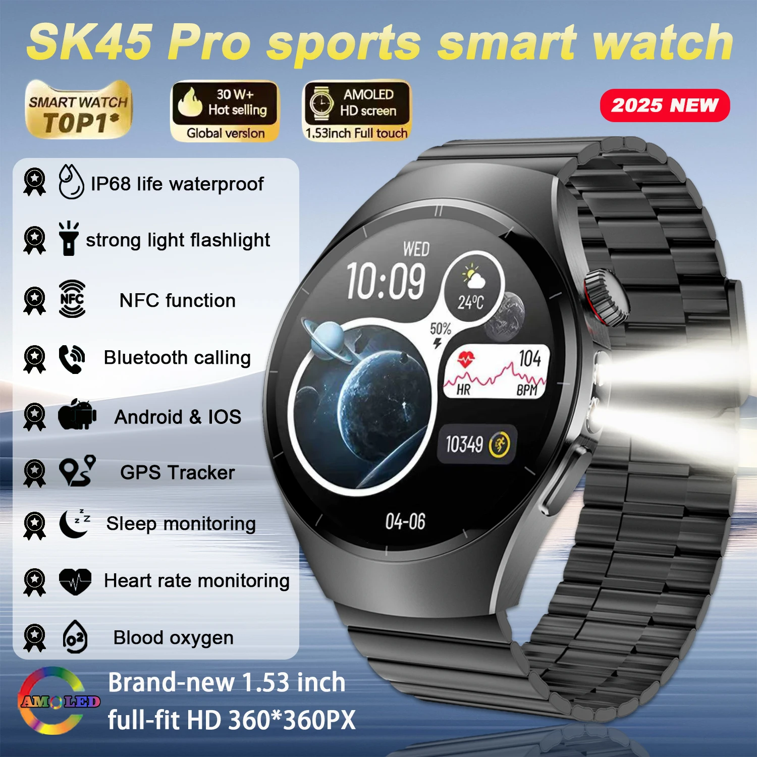 

2025 Новинка для Hua weii GPS Спортивные умные часы Мужчины 1,53 AMOLED Экран Компас Высотомер Сердечный ритм BP NFC Bluetooth Вызов Smart Watc