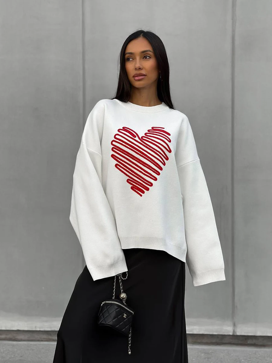 Women\'s Unisex Loose Casual Contrast Color Pullover Sweater Couples Love Heart Printed Round Neck Sweater