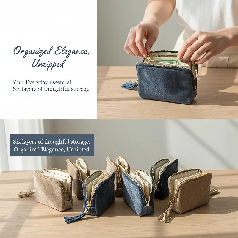 Mini Velvet Coin Purse Gold Zipper Tassel Detail Durable Portable Lightweight Cash Pouch for Ladies Short Travel